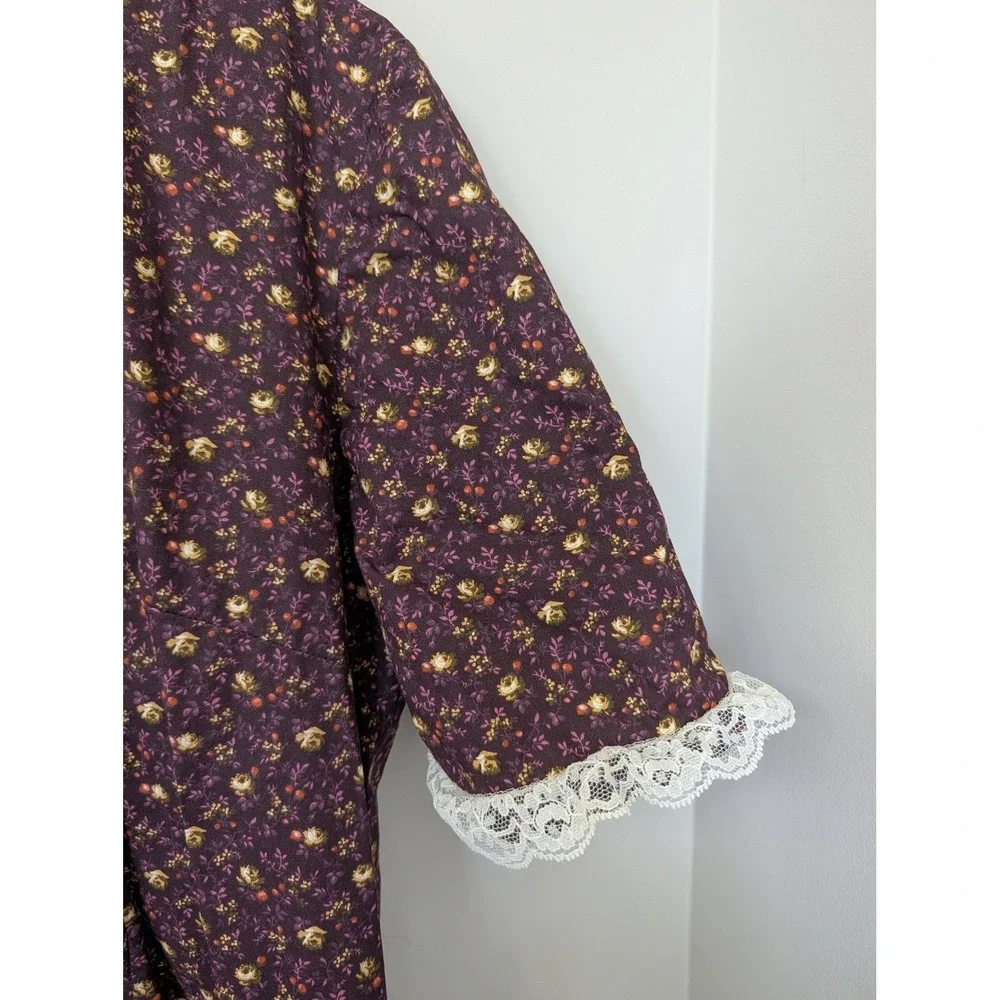 Vintage Plum Floral Calico Prairie Midi Dress Lace Trim Cottagecore XL Handmade - Picture 5 of 14